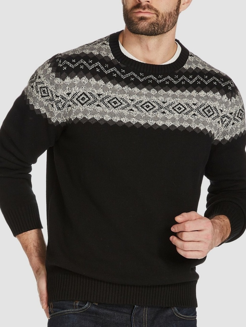 Weatherproof Vintage Black Pullover Crew-Neck Long Sleeve Sweater 2XL Fair Isle